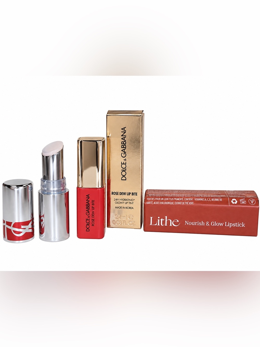 Luxury Lip Bundle: YSL Candy Glaze, D&G Rose Dew Tint + Lithe Beauty Lipstick